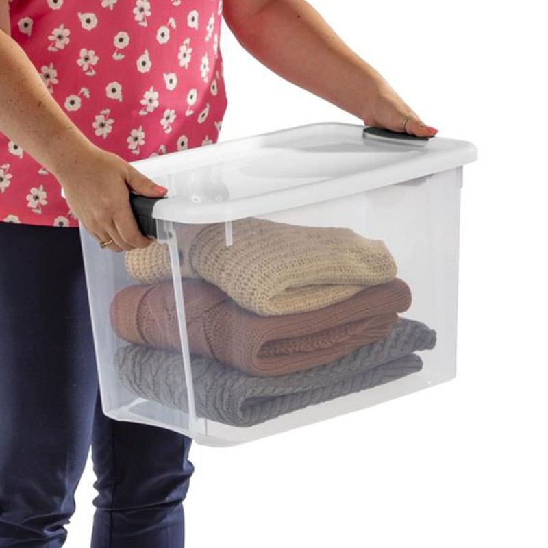 Sterilite 30 Qt Clear Plastic Stackable Storage Bin w/ Latch Lid, White (6 Pack) gallery
