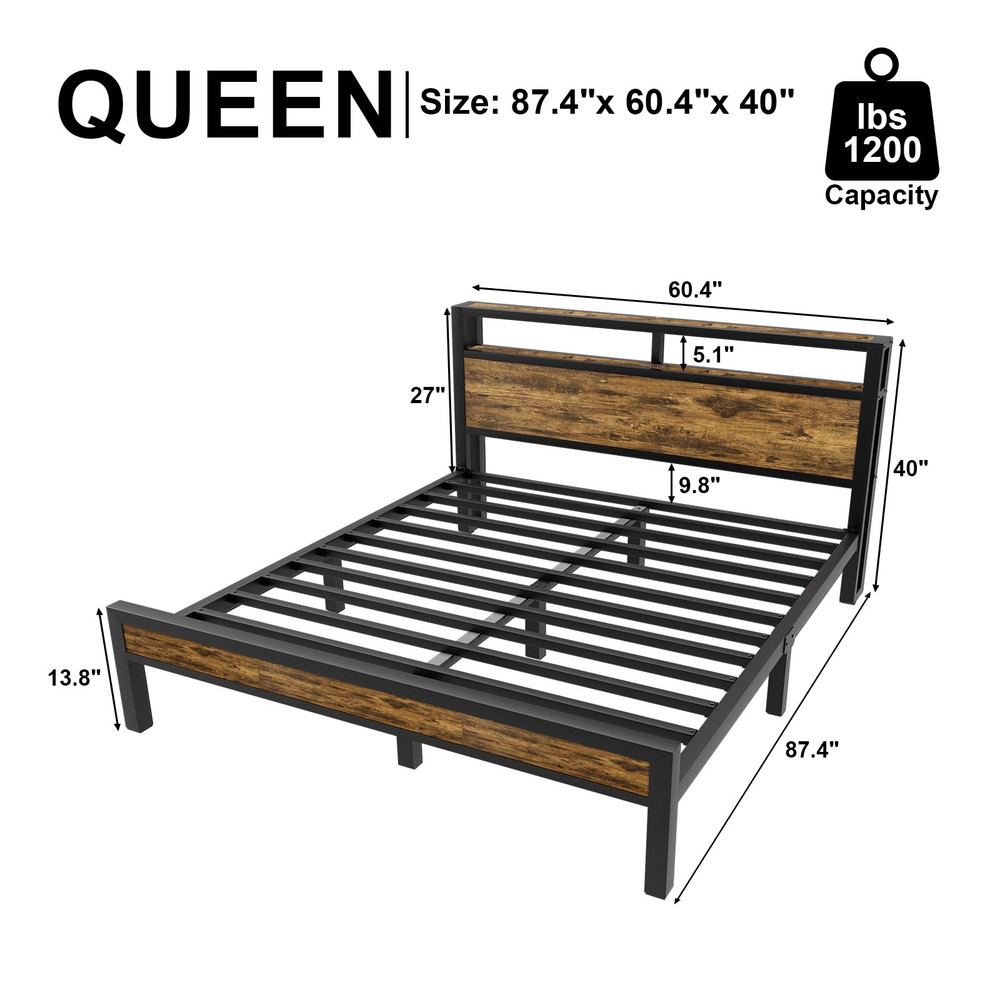 Queen Metal Platform Bed Frame with LED Lights Headboard and Charging Station