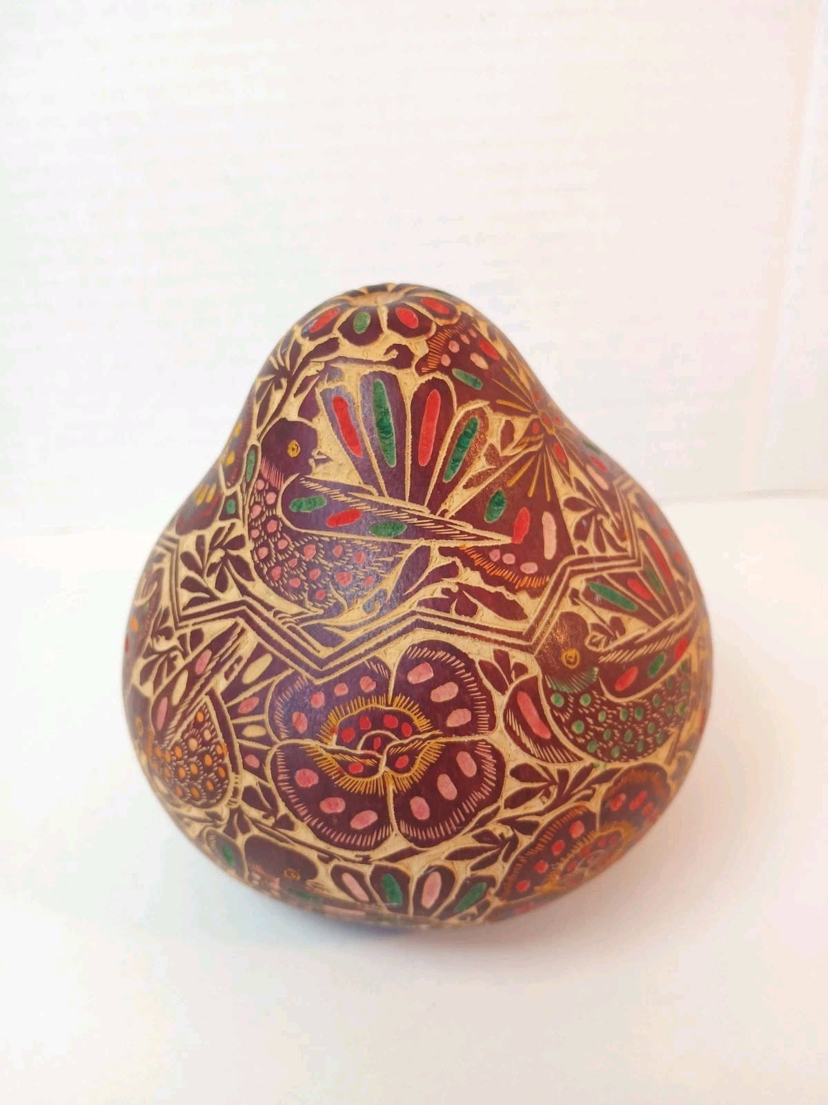 Hand Carved Peruvian Andean Decorative Gourd Bird & Flowers ColorDesign gallery