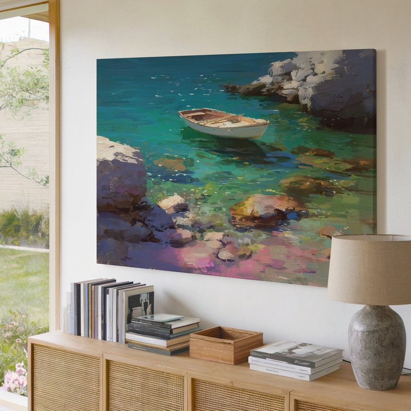 Coastal Canvas Wall Art Featuring Small Boat Floating on Clear Rocky Waters gallery