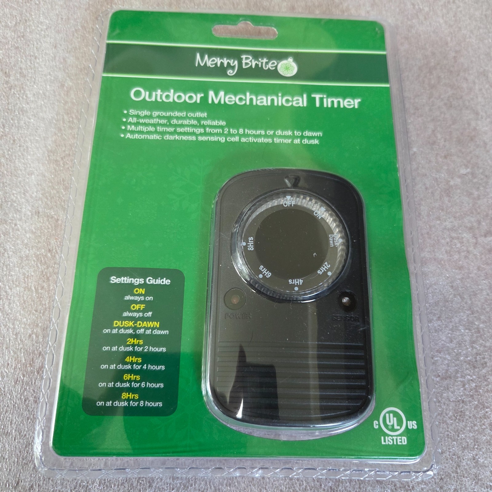 Outdoor Mechanical Timer 2-8 hours or Dusk to Dawn, Single Outlet - New, Sealed gallery