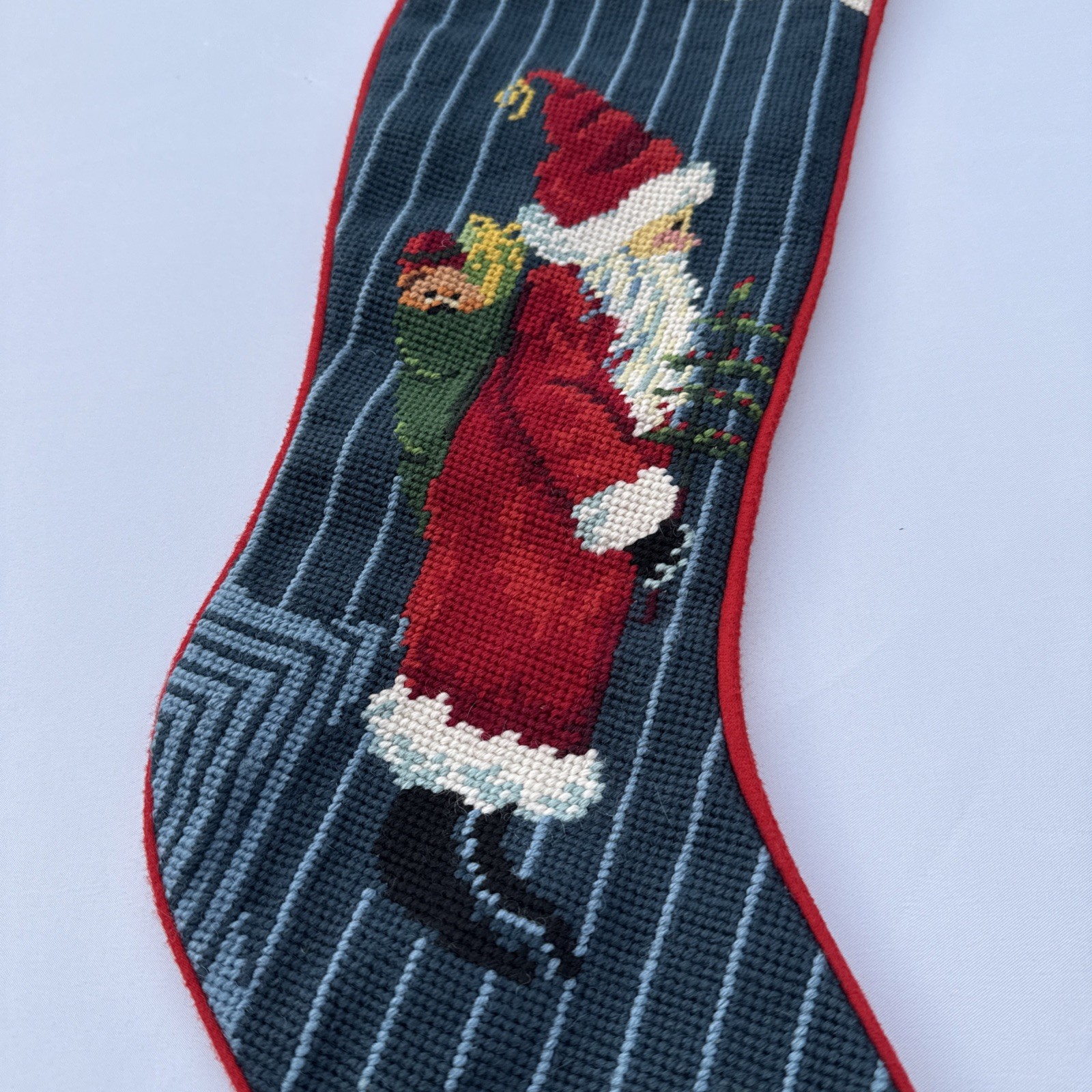 Vintage Needlepoint Christmas Stocking Wool Santa St Nick Tree Gifts Blue Red gallery