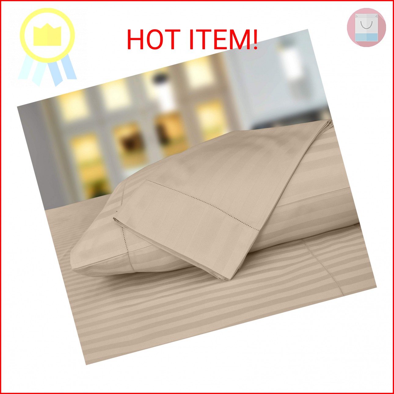 Threadmill Standard Size Beige Luxury Pillowcases - 500 Thread Count Damask Weav gallery