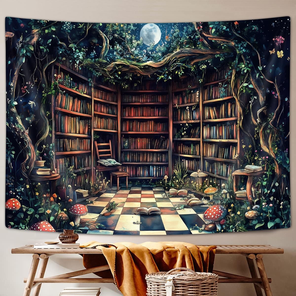 Magical Forest Tapestry, Fairytale Tree Magic Bookshelf 60"L x 40"W, Blue gallery