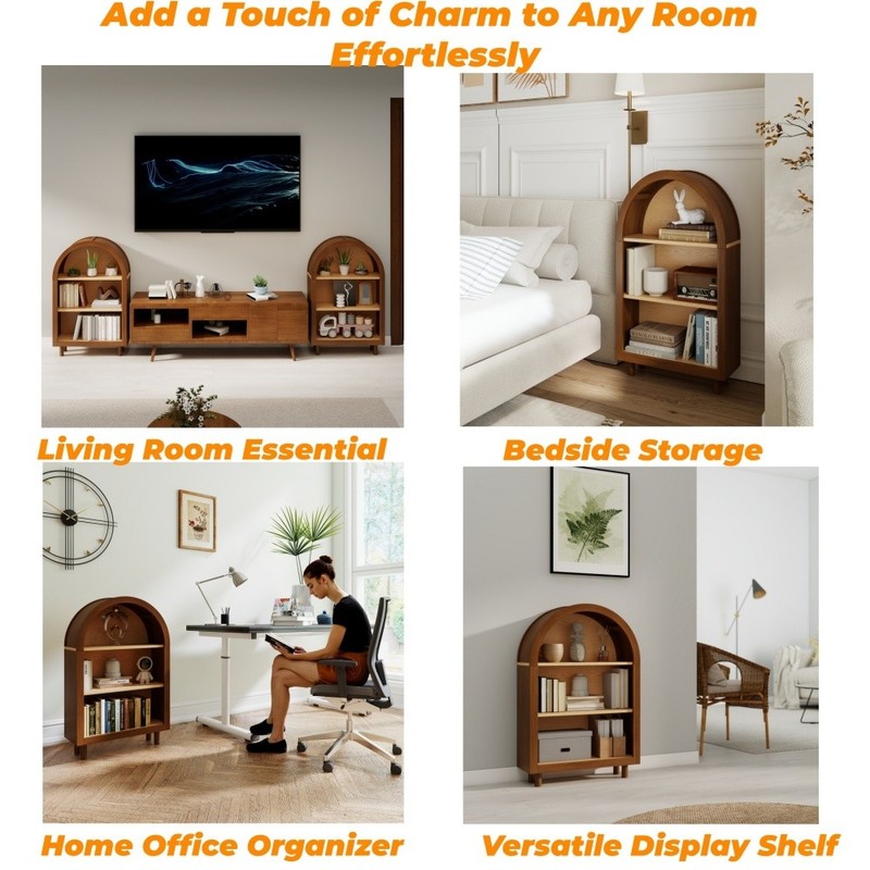 Arched Small Bookcase, Walnut 3-Tier Storage Cabinet with Glaze Finish gallery