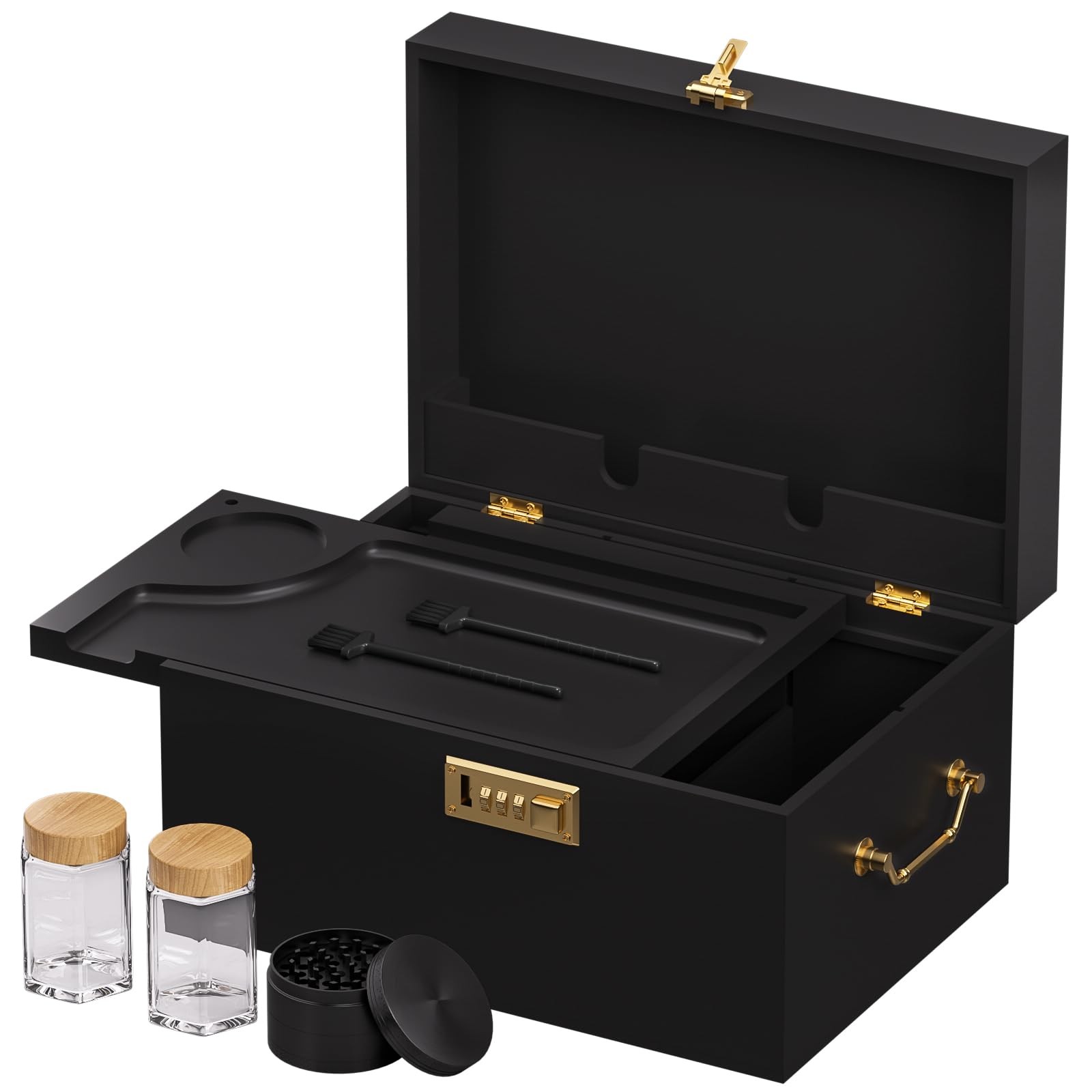Lockable stash box with rolling tray – Premium bamboo Large, Black gallery