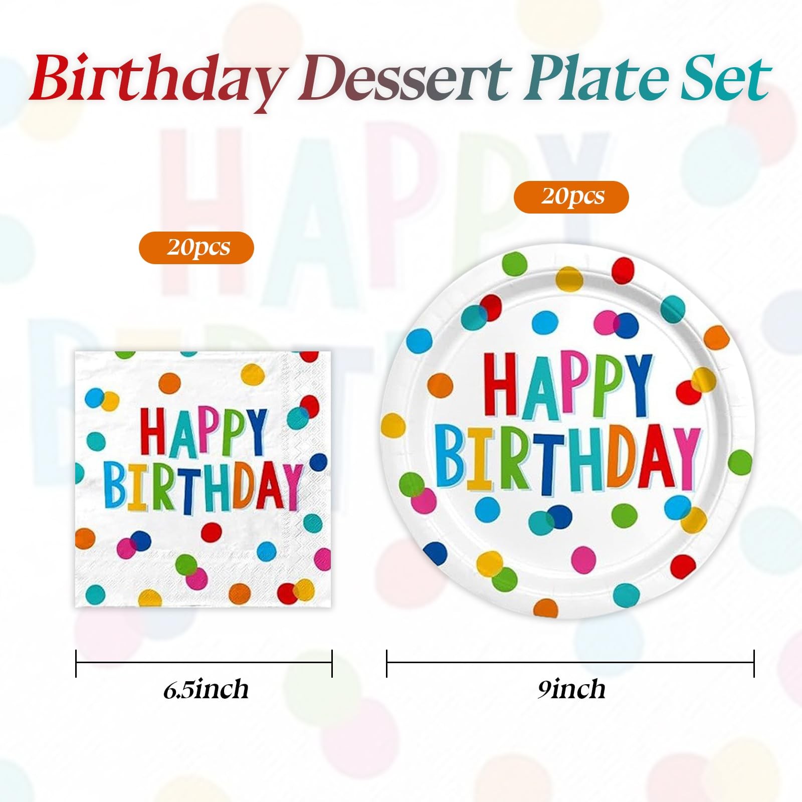 40 Pcs Happy Birthday Disposable Plates Napkins Rainbow Dots Party Supplies gallery
