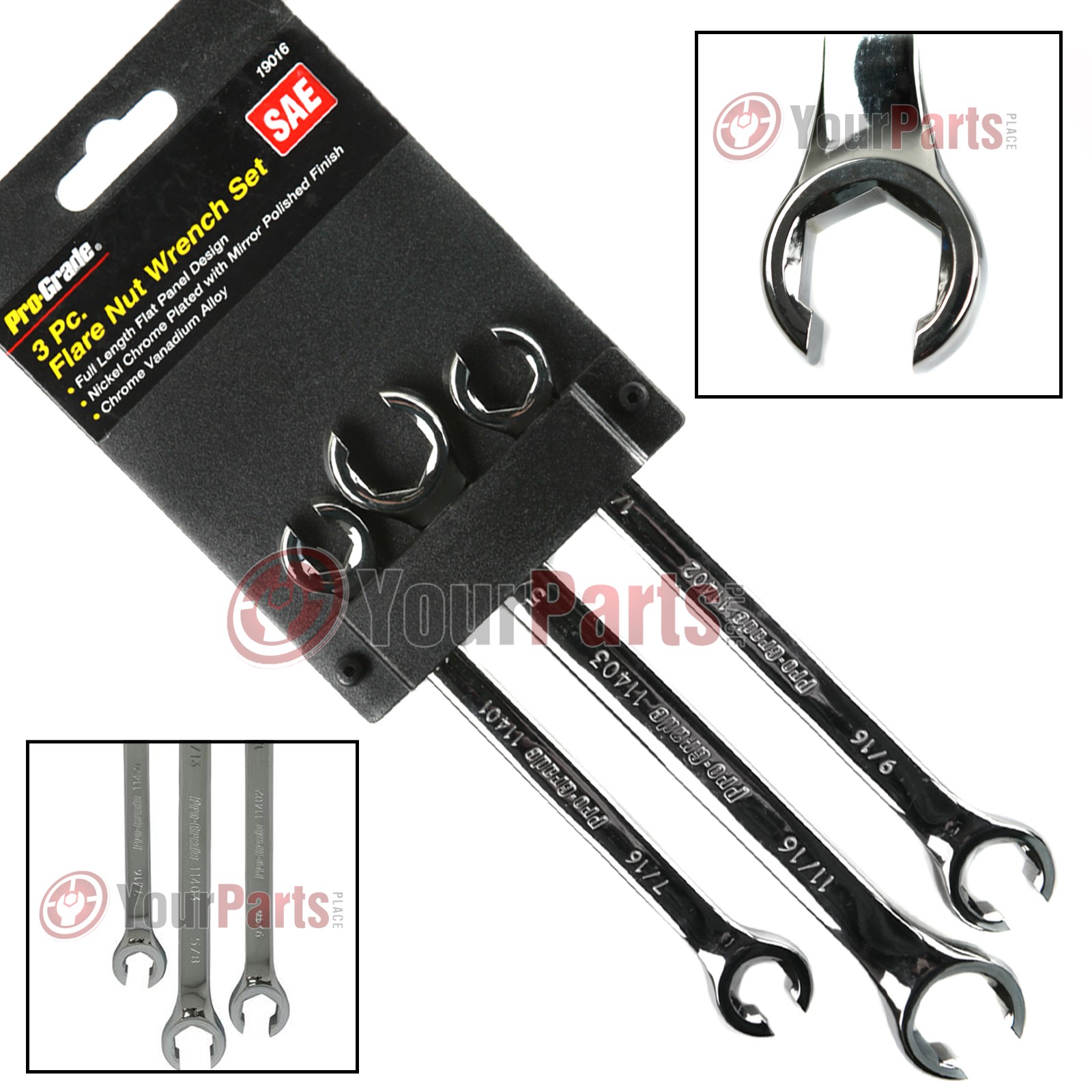 3 Pc Flare Nut Wrench Set SAE Brake Line 3/8" - 11/16" Auto Tools Flat Panel gallery