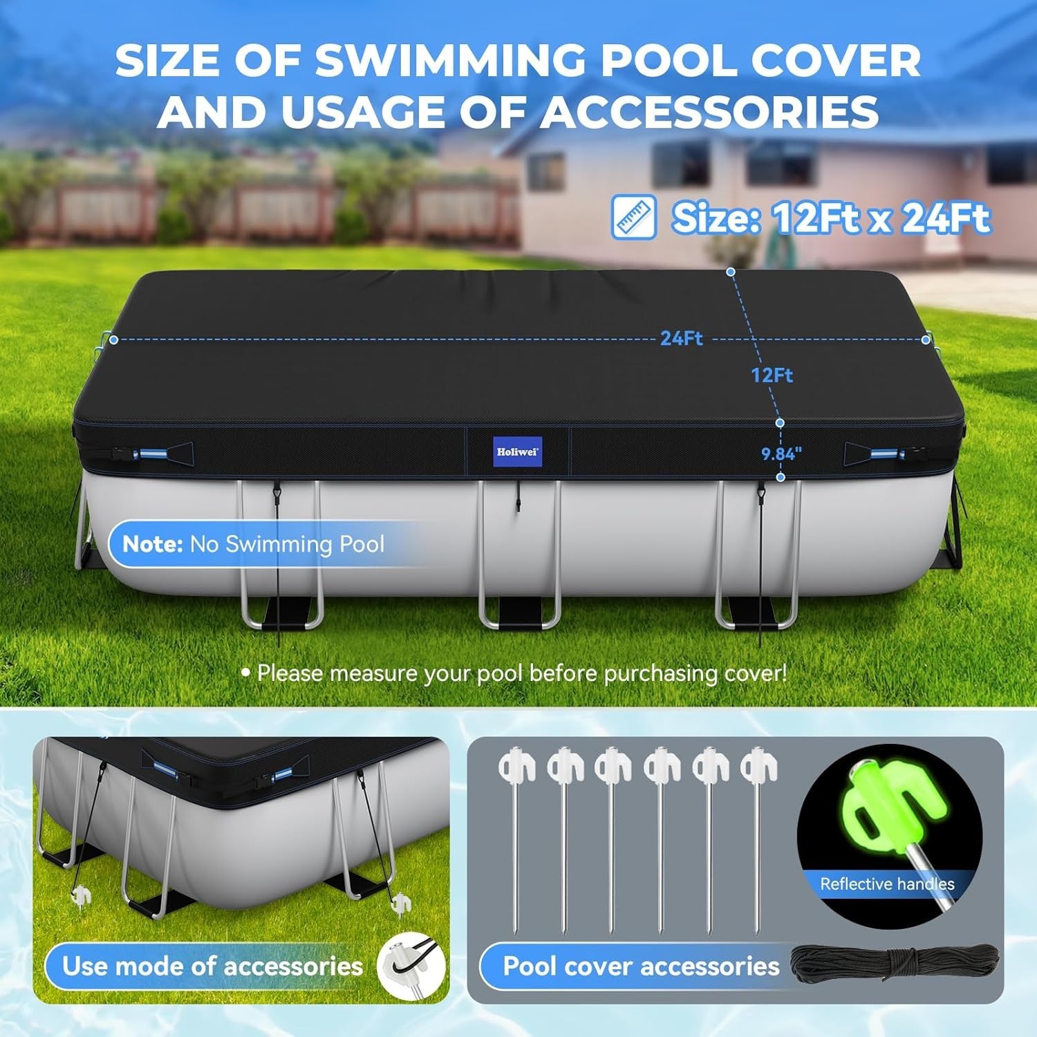 12X24 Ft Rectangular Pool Cover with Reflective Strips for above Ground Pool gallery