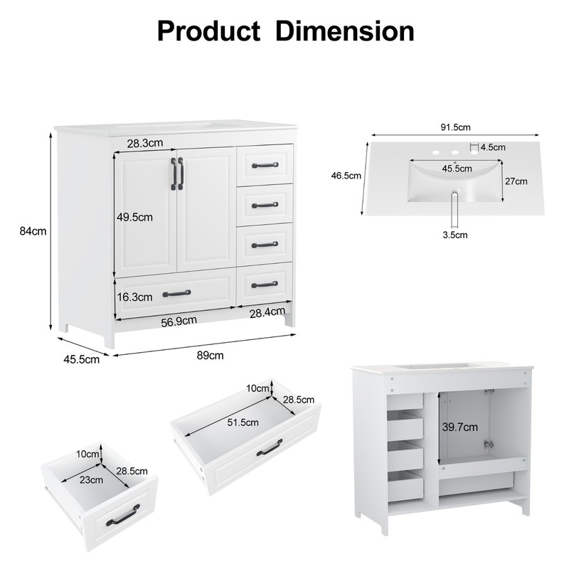 36" Bathroom Vanity with Ceramic Sink Freestanding Storage Cabinet w/ 5 Drawers gallery