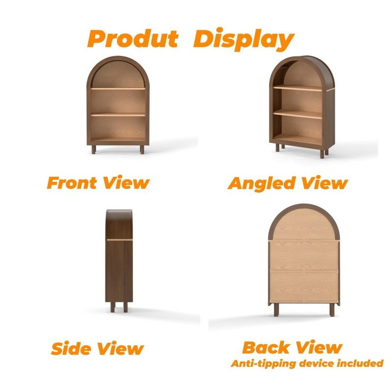 Arched Small Bookcase, Walnut 3-Tier Storage Cabinet with Glaze Finish gallery