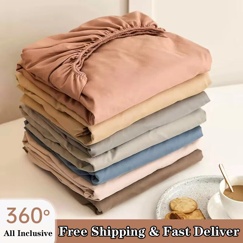 Soft Cotton Fitted Bed Sheet with Elastic Band Solid Color Mattress Cover for Si gallery