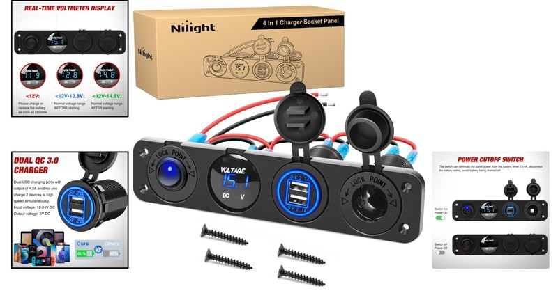 Dual USB & 12V Cigarette Lighter Switch Panel with LED Voltmeter - Safe Charging gallery