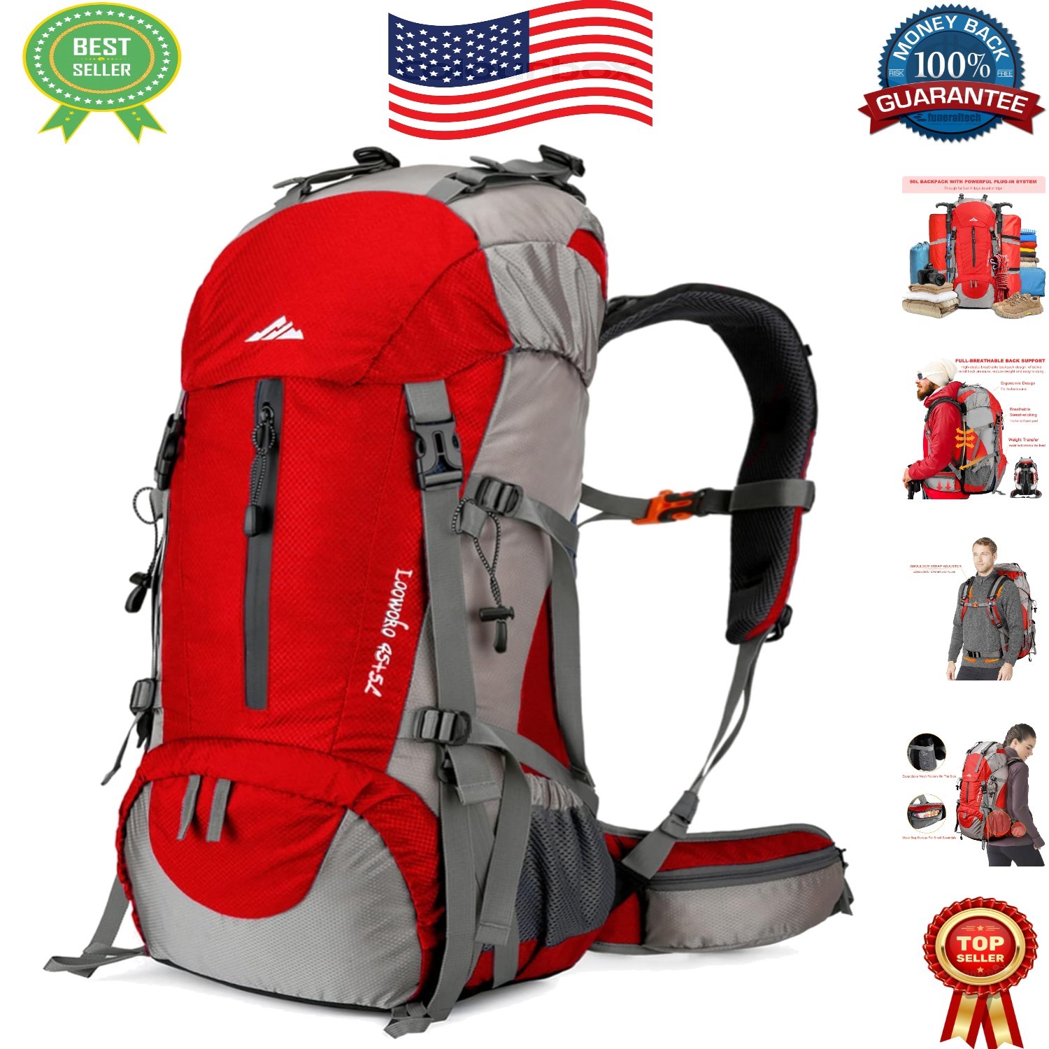 50 Liter Hiking Daypack - Waterproof Backpack with Multiple Pockets & Rain Cover