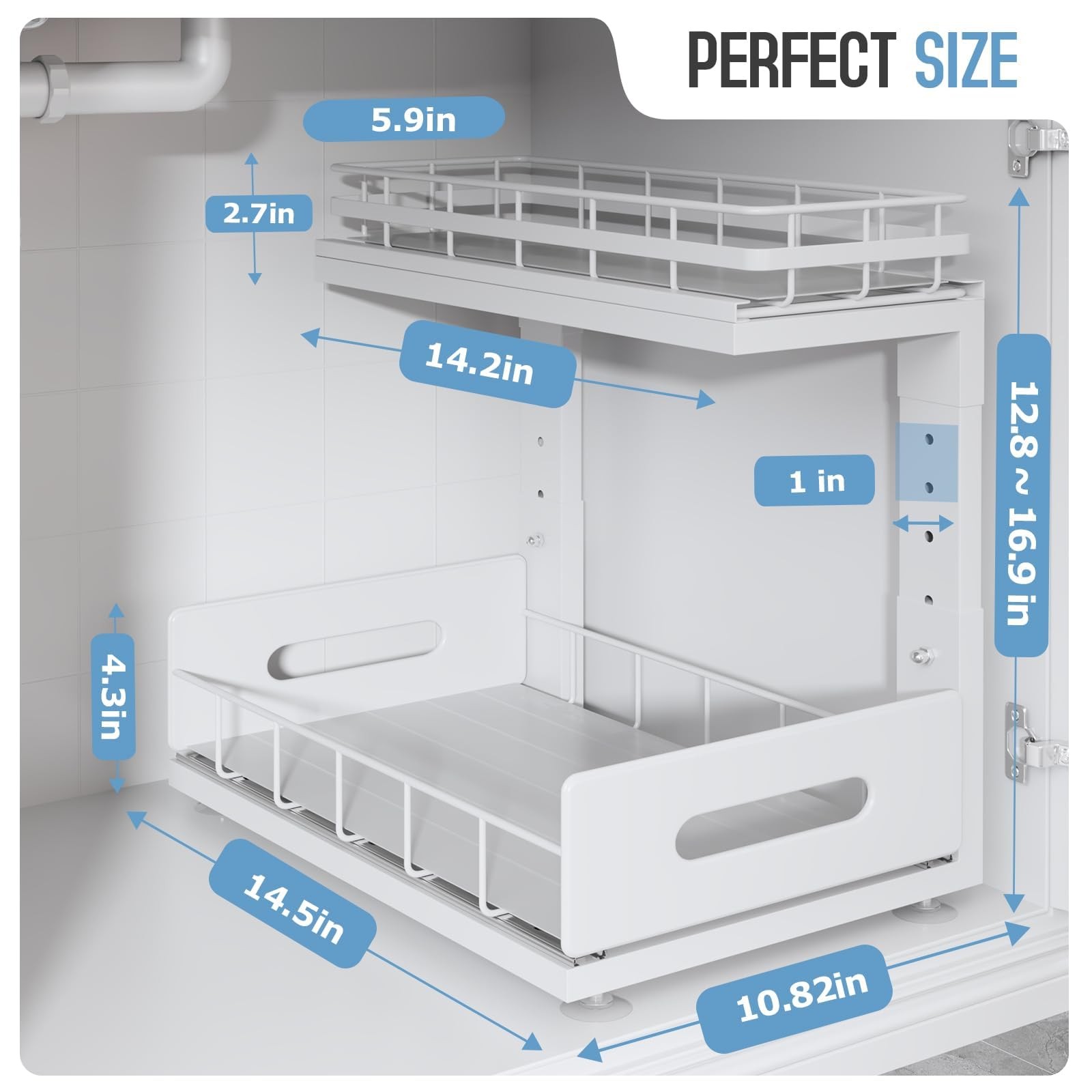 Biboraya Under Sink Organizer Upgrade To 2 Pack-14.5"Dx12.8"-16.9"H, White gallery
