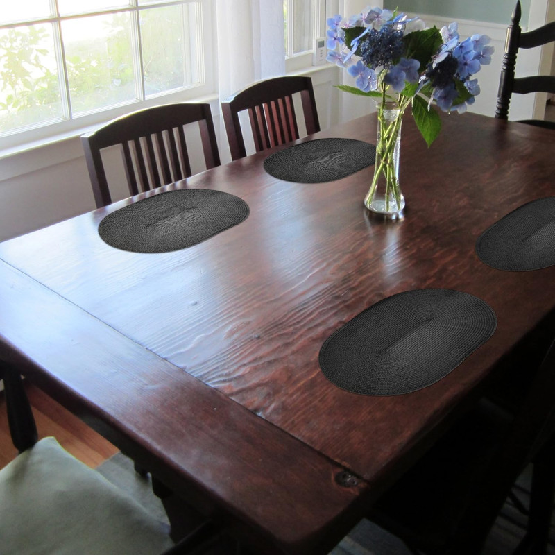 Oval Braided Woven Polypropylene Plastic Placemats (Black), Set of 4 gallery