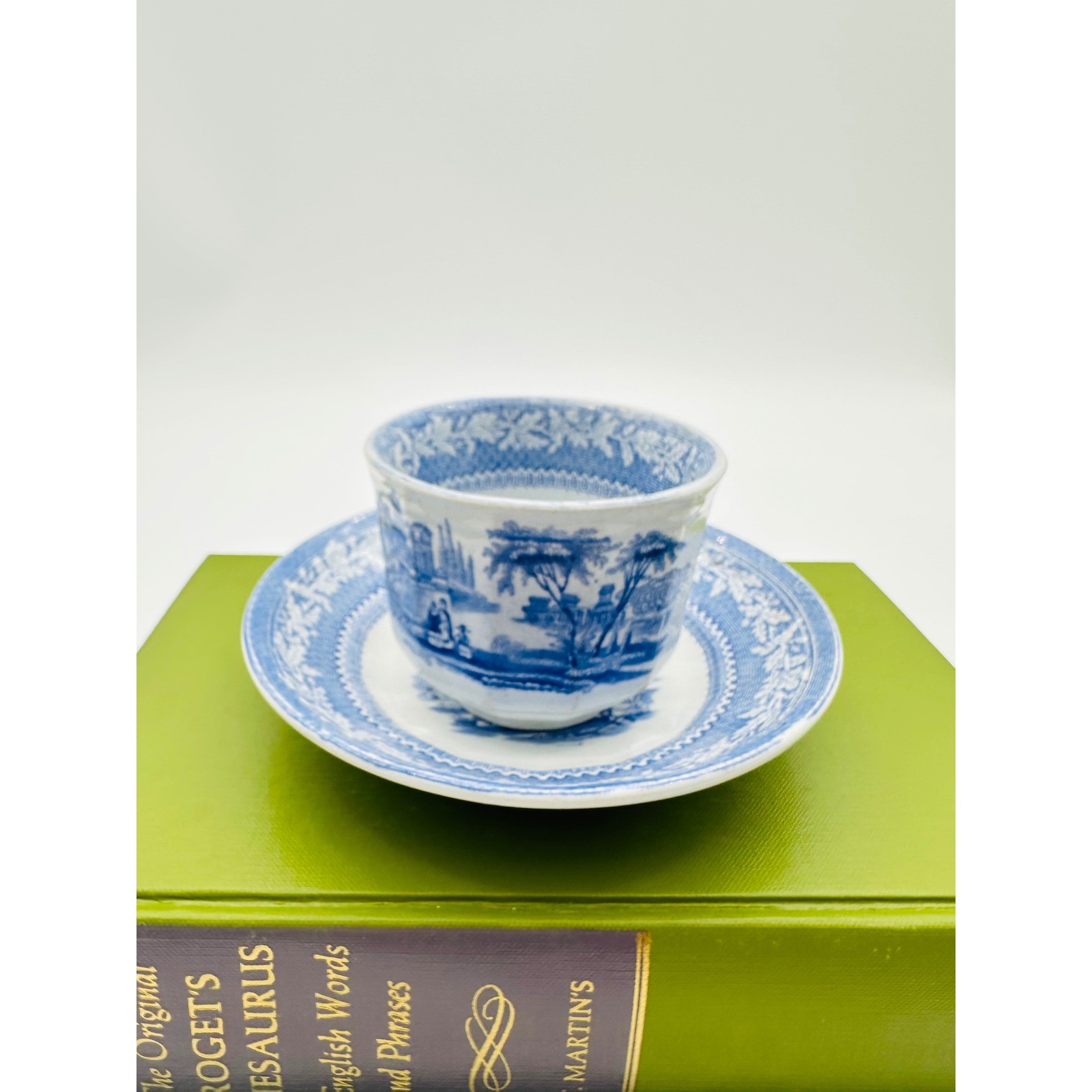 Antique Blue and White Transferware Tea Bowl Cup and Saucer Pastoral Handleless gallery