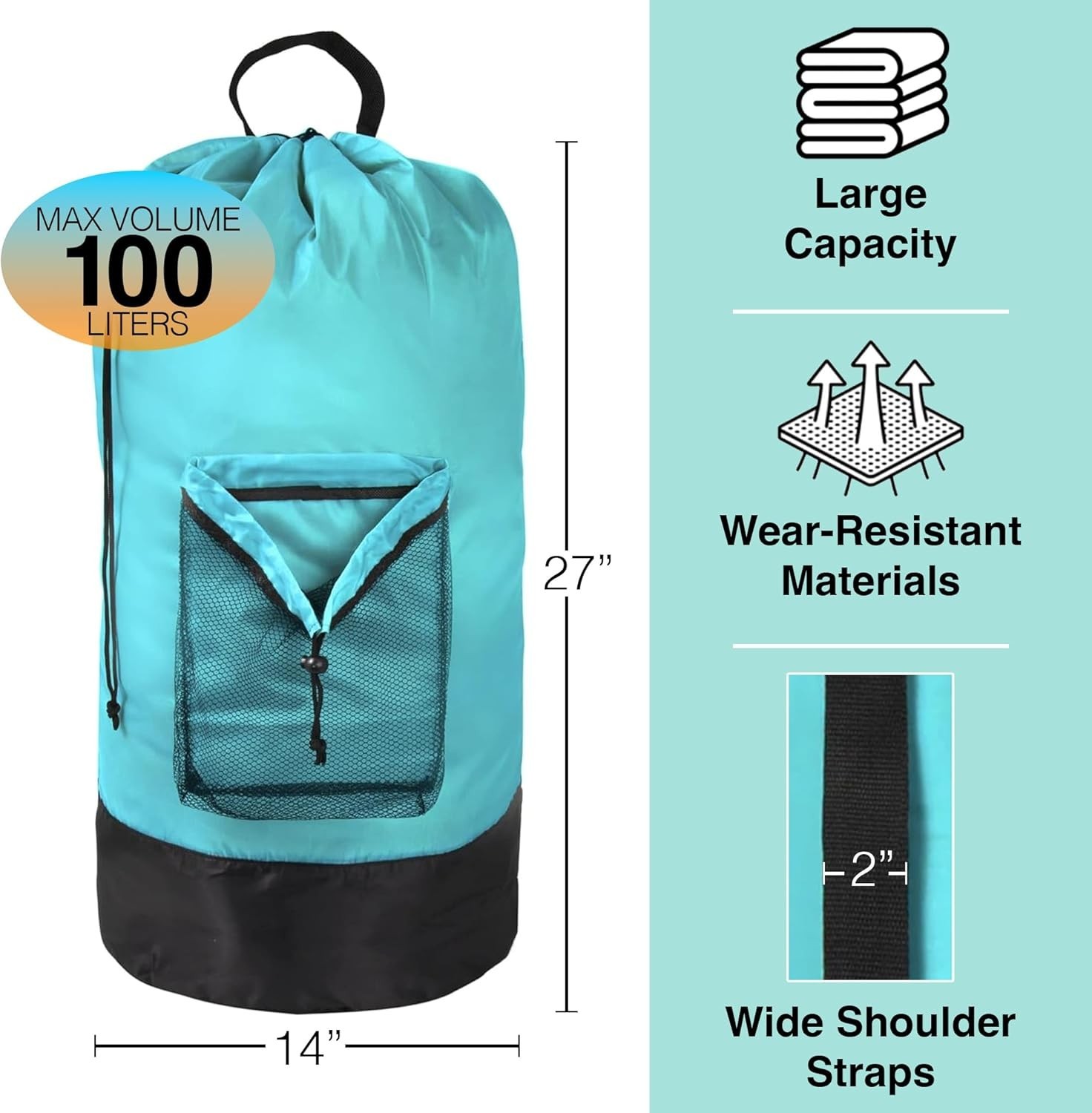 Turquoise Laundry Backpack with Mesh Pocket, Adjustable Straps and Drawstring Cl gallery