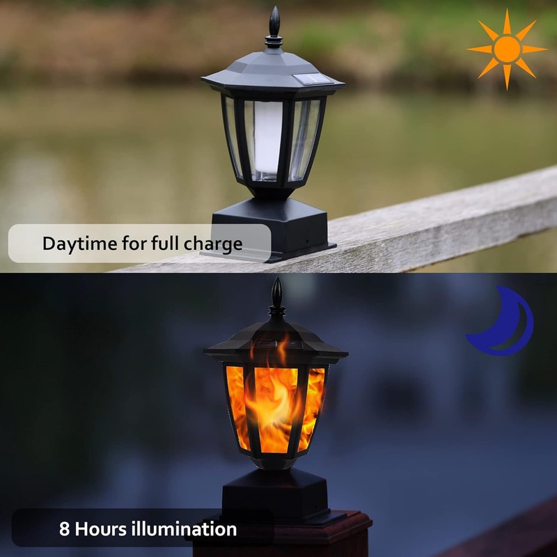 2 Pcs Outdoor Flame Light Solar Post Deck Fence Cap Waterproof Flickering Lights gallery