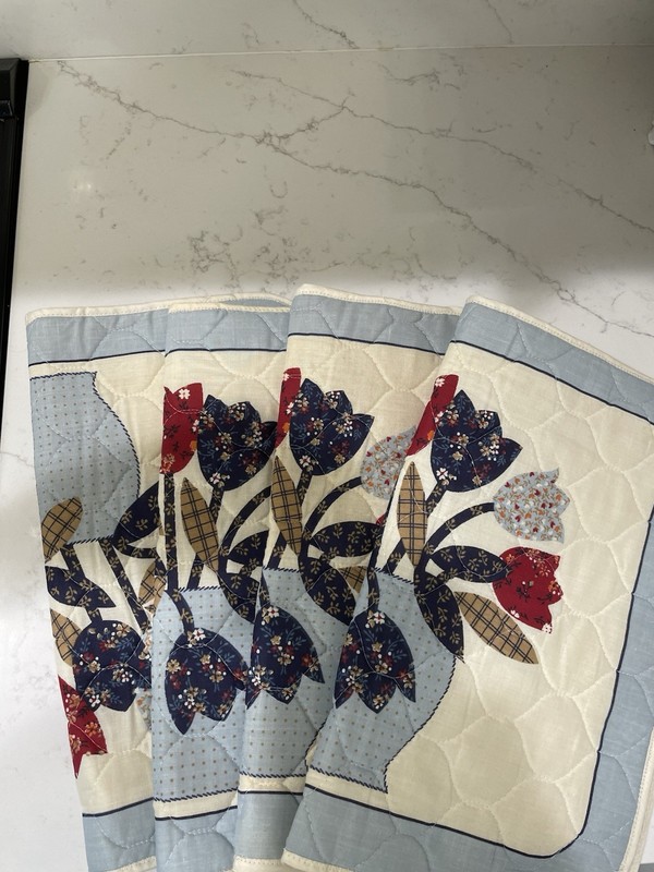 4 Patchwork Quilt Placemats Flower Bouquet Design 17x14 Red, Blue, Tan, Cream gallery