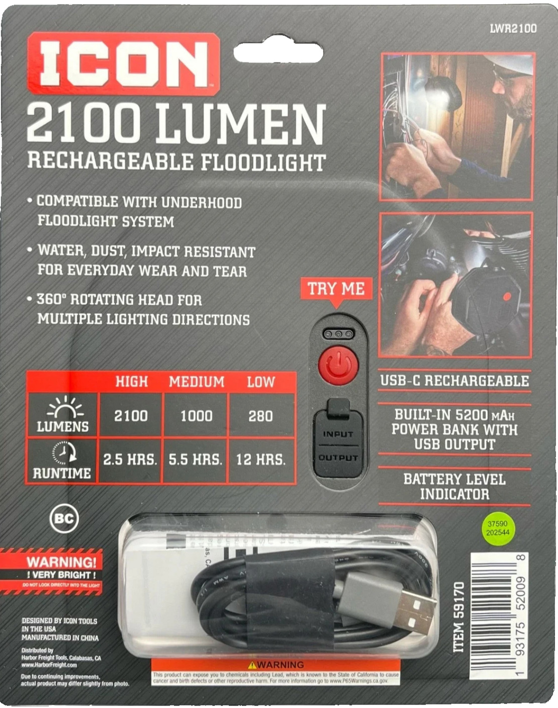 ICON 2100 Lumen LED Compact Magnetic Rechargeable Floodlight Harbor Freight USBC gallery