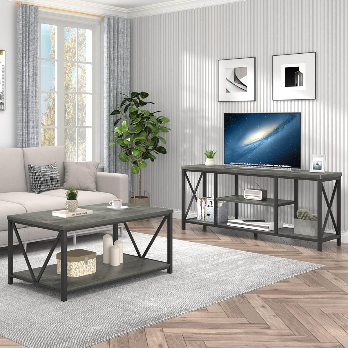 Rustic Grey Coffee Table & 55" TV Stand for Stylish Living Rooms gallery