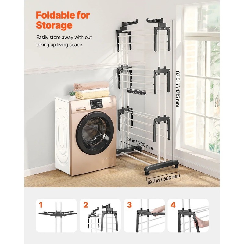 4-Tier Clothes Drying Rack, Sturdy Laundry Drying Rack with Wheels and 24 Rods gallery