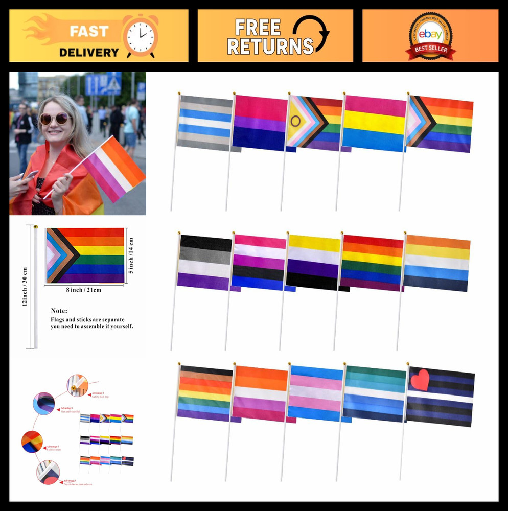 Rainbow Pride Stick Flags Set - 15 Mini Handheld LGBTQ Flags, 5x8 Inches, 75 Pac