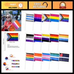 Rainbow Pride Stick Flags Set – 15 Mini Handheld LGBTQ Flags, 5×8 Inches, 75 Pac