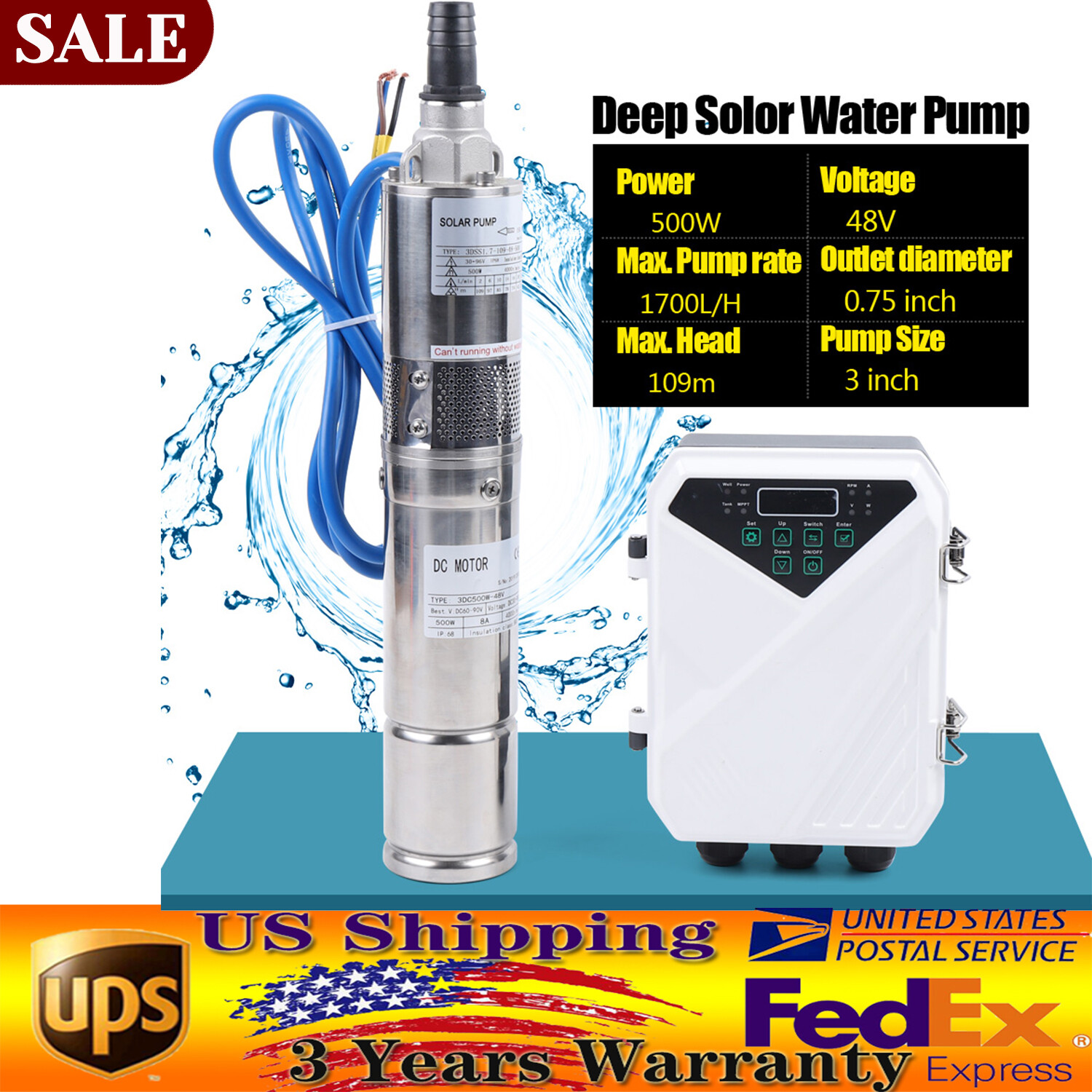 3" Solar Water Pump 48V 500W Submersible Bore Deep Well Pump MPPT Controller Kit gallery