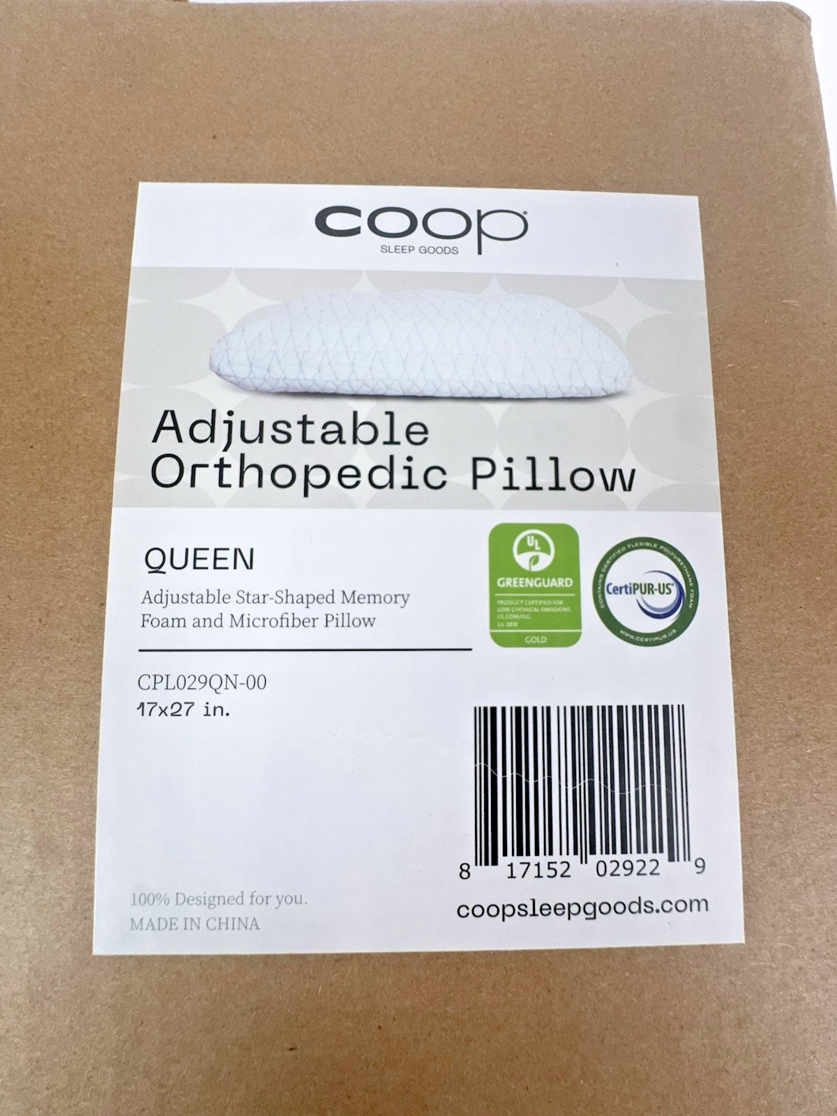 Coop Adjustable Orthopedic Pillow Queen CPL029QN-00 17x27 Memory Foam gallery