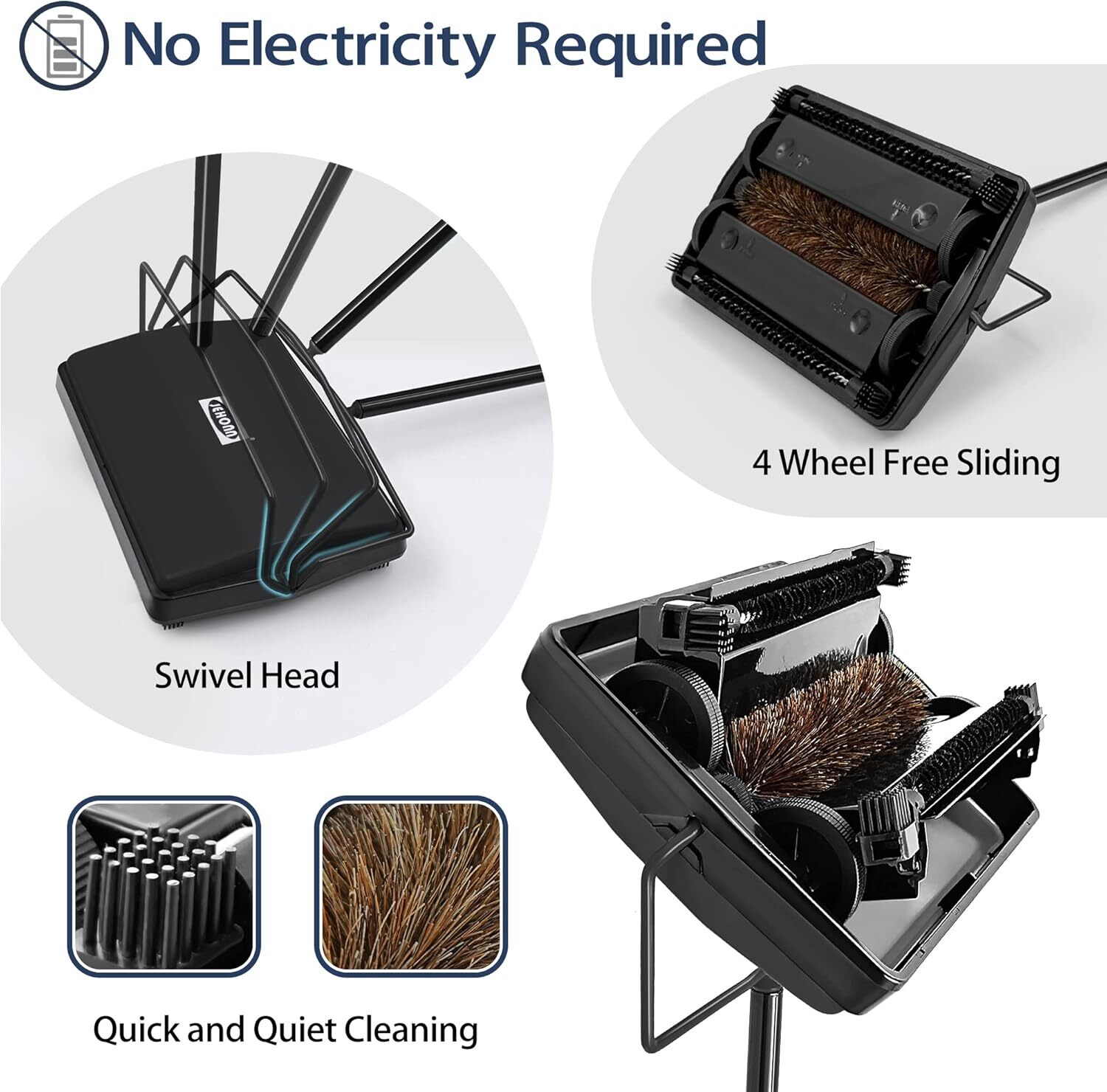 Carpet Floor Sweeper with Adjustable Handle Non-Electric Manual Sweeping Black gallery
