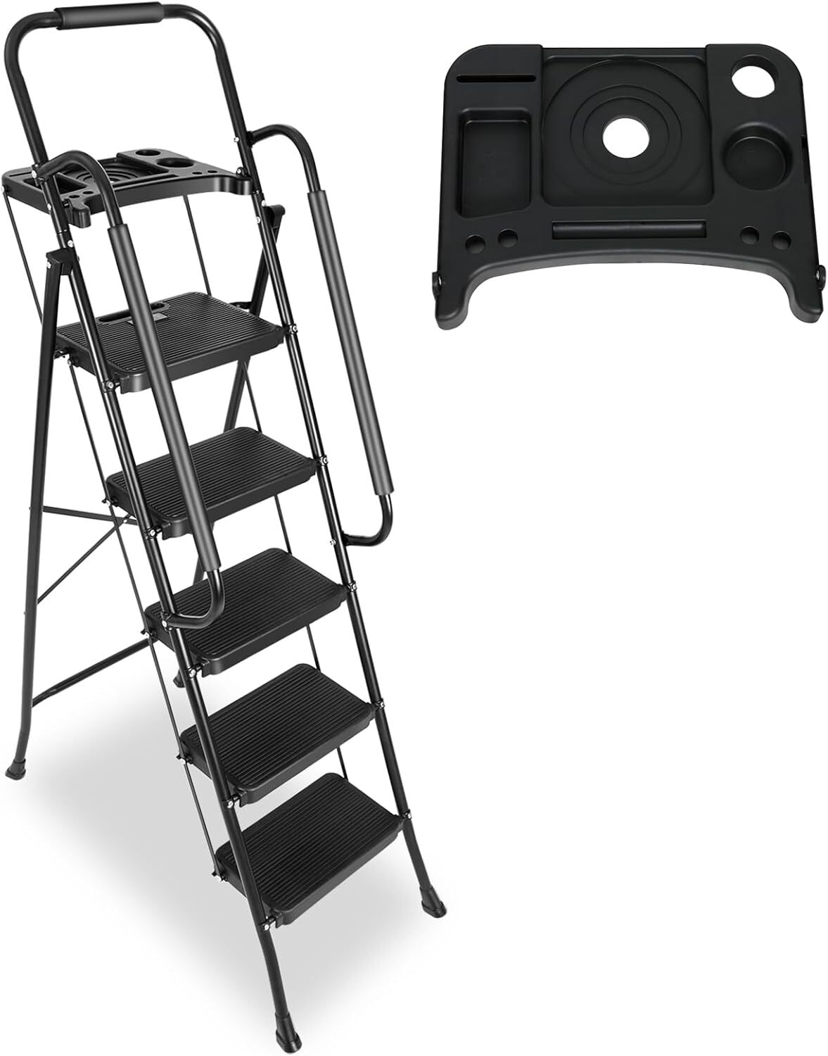 5 Step 330 lbs Non-Slip Stool Ladder with Handrails folding Tool Tray Platform gallery