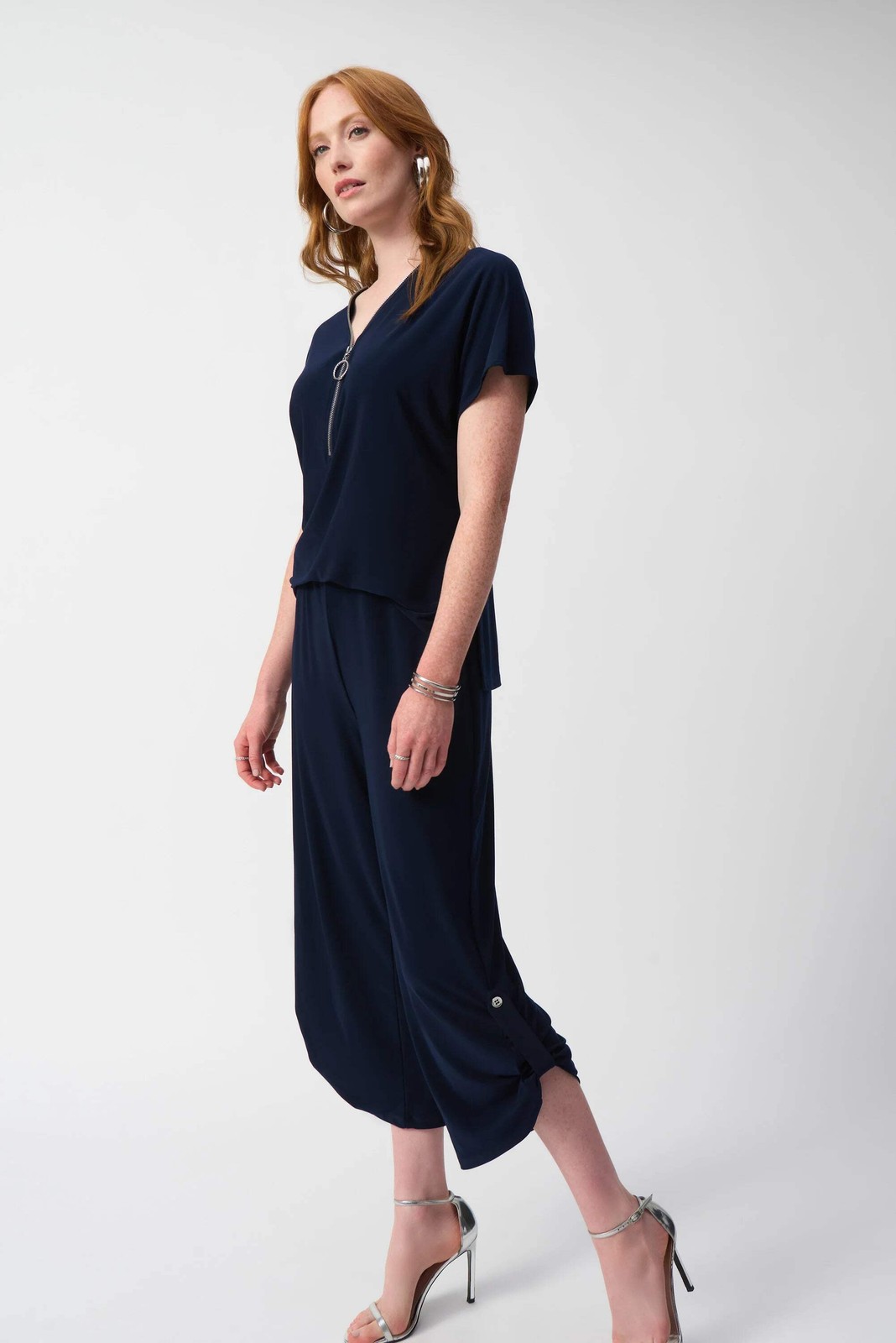 Joseph Ribkoff Midnight Blue V-Neck Zip Front Cropped Jumpsuit 251044 gallery