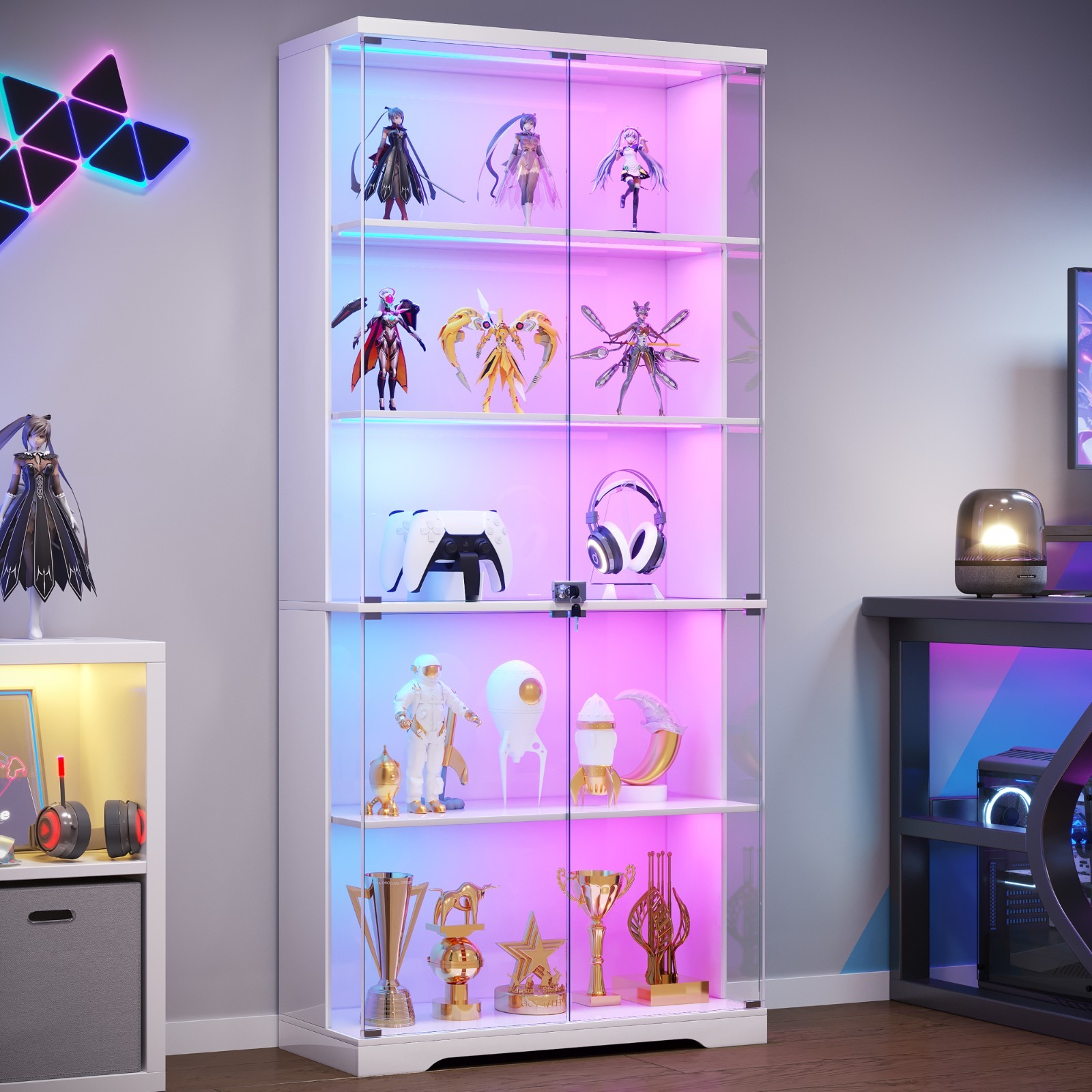 Glass Display Cabinet Lockable 5-Tier Shelves RGB LED Trophy Display Cabinet gallery