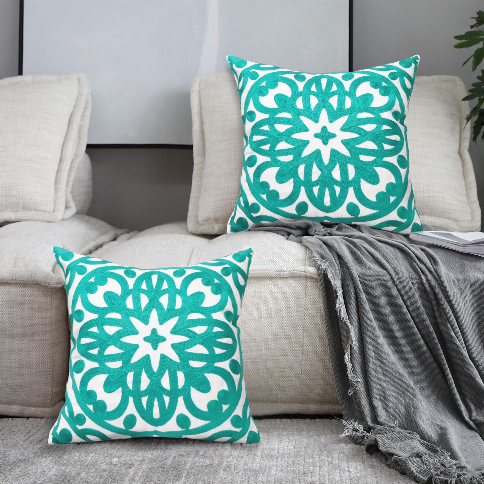 Embroidered Spring Decorative Throw Pillow Cover 18"x 18" Set of 2, Boho Mand... gallery