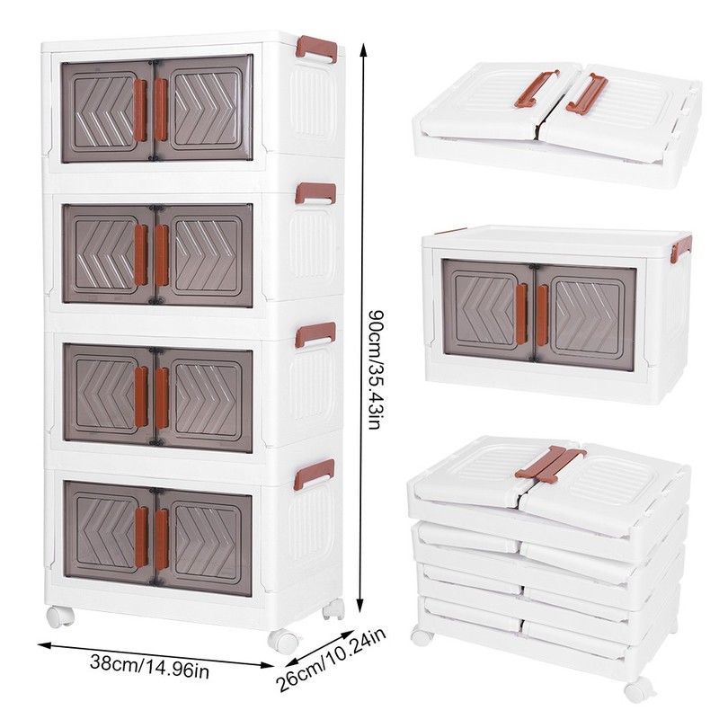 4 Tier Folding Storage Cabinet Stackable Boxes with Magnetic Doors & Wheels US gallery