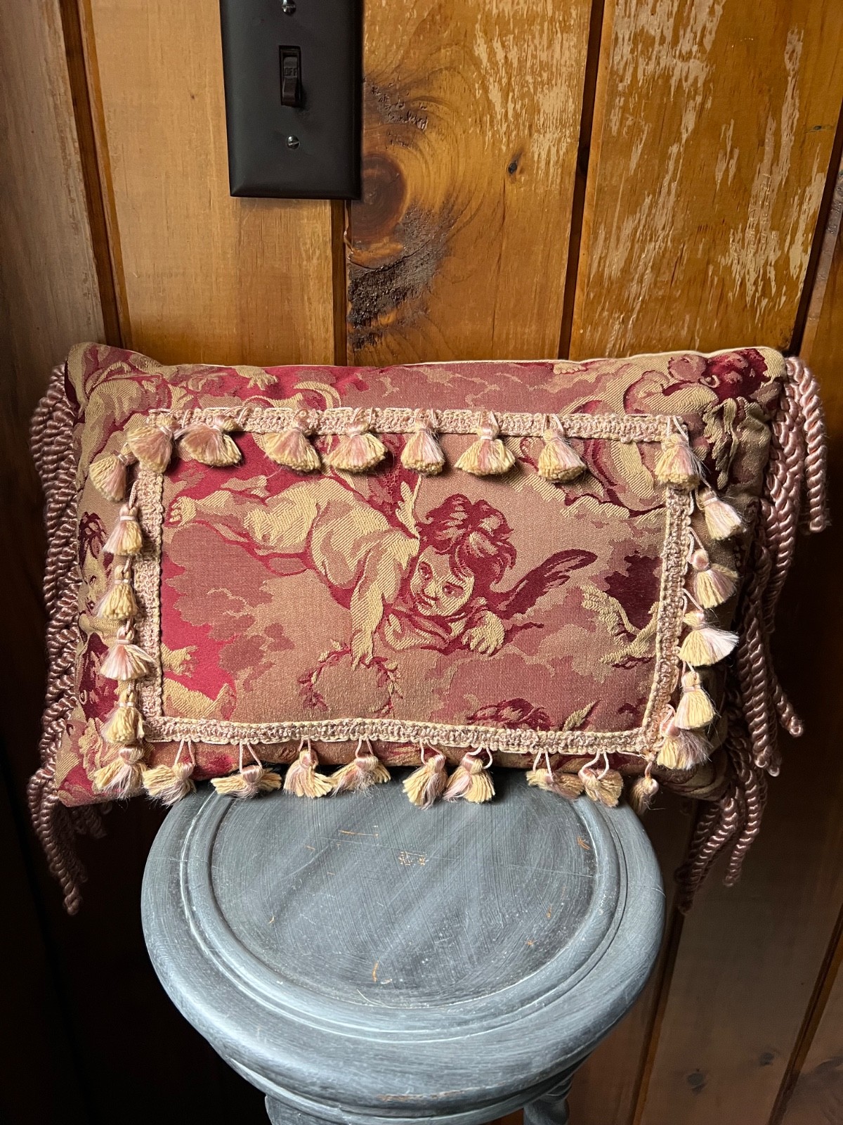 Shabby Chic Renaissance Scene Angel Cherub Red Woven Throw Pillow gallery