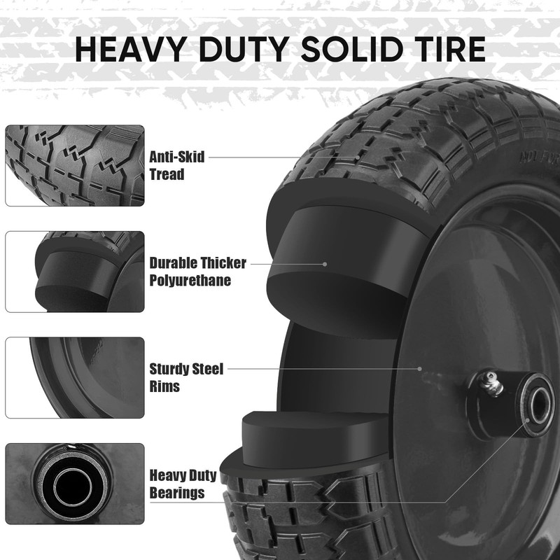 Flat Free Wheelbarrow Tire Solid Polyurethane 14.5 Inch Centered Hub 5/8 3/4 Inc gallery