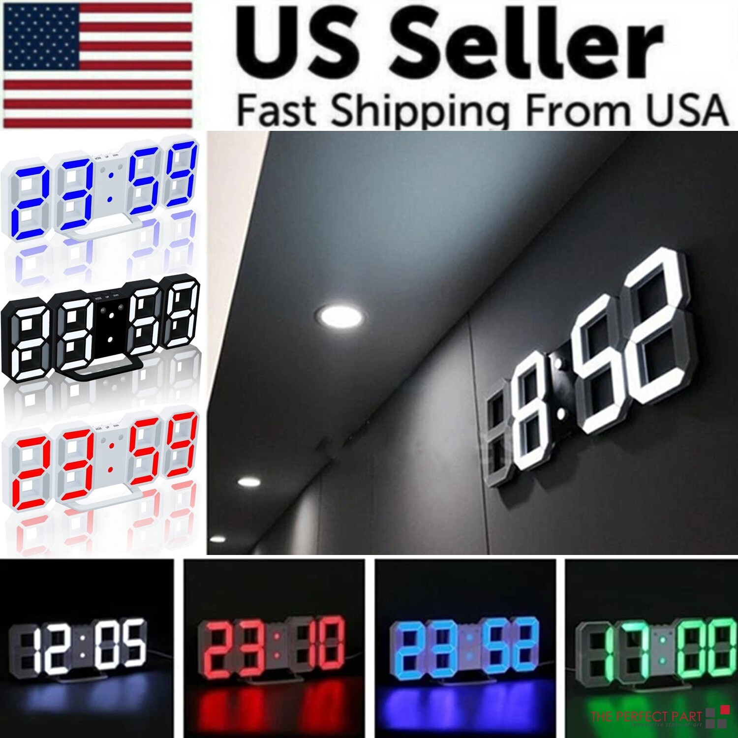 Digital 3D LED Big Wall Desk Alarm Clock Snooze 12/24 Hours Auto Brightness USB gallery