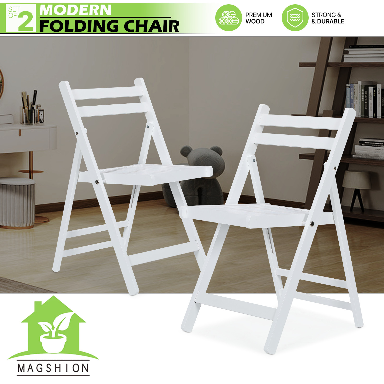 2 PCS Foldable Wooden Chair Kitchen Dining Room Patio Classic White Dining Chair gallery