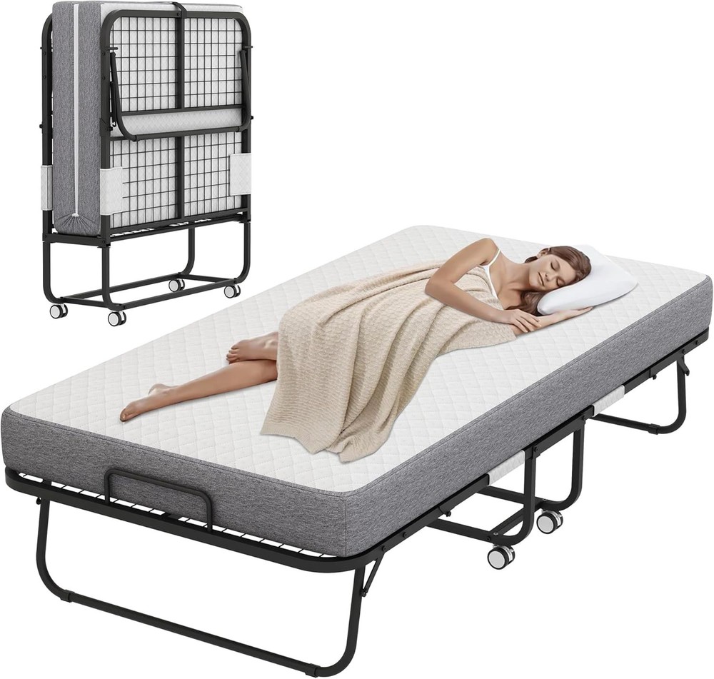 Large Folding Bed with Mattress for Adult - 75''X46'' Foldable Rollaway Bed for