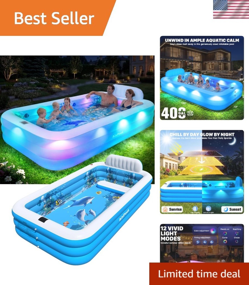 Extra Large Solar-Powered Inflatable Pool With Lights for Family Fun - 120x73x20