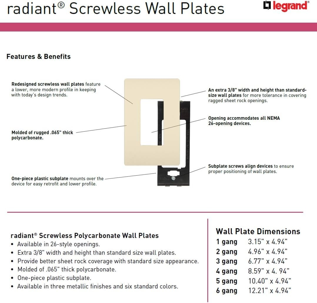 Legrand Radiant Screwless Wall for Decorator Rocker Plates Outlets, 3-Gang Almd gallery