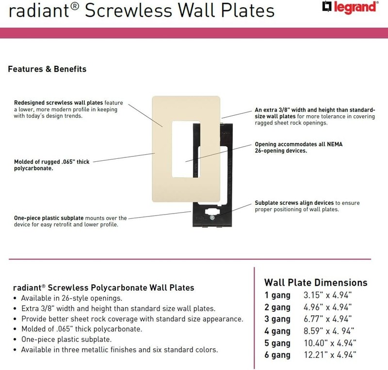Legrand Radiant Screwless Wall for Decorator Rocker Plates Outlets, 3-Gang Almd gallery