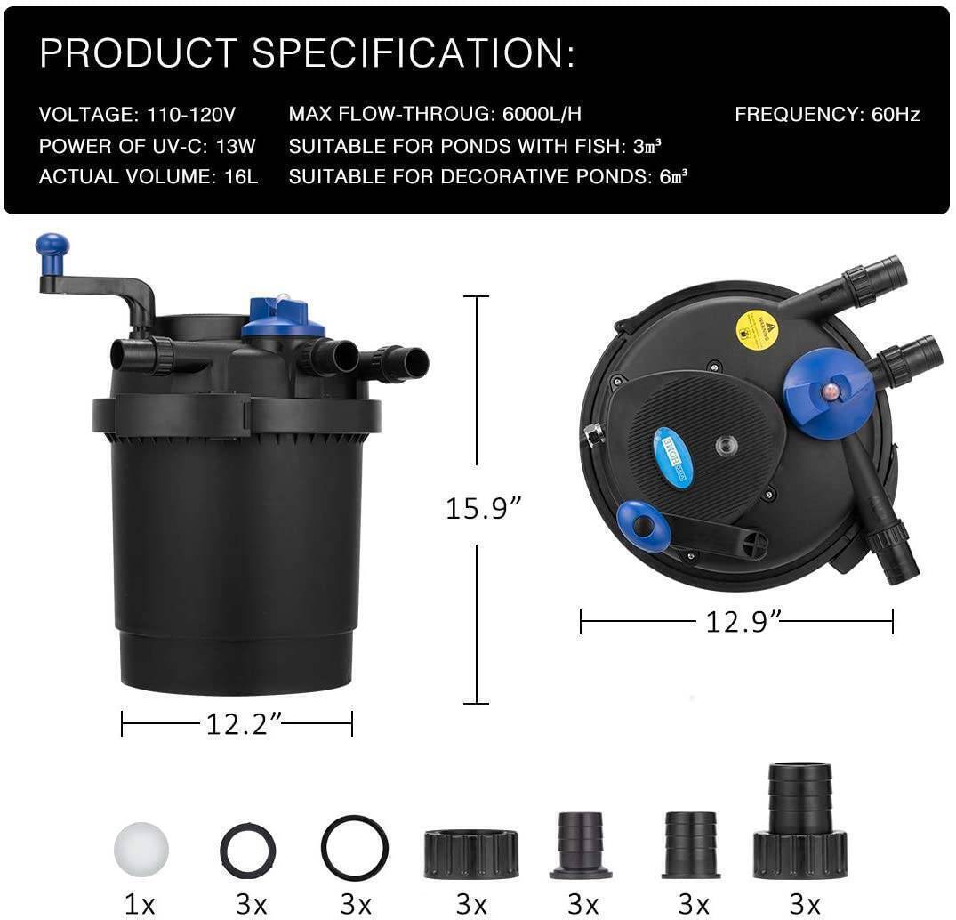 Pressure Biological Pond Filter Koi Fish w/ 13W UV Sterilizer 1600-2600 Gallons gallery