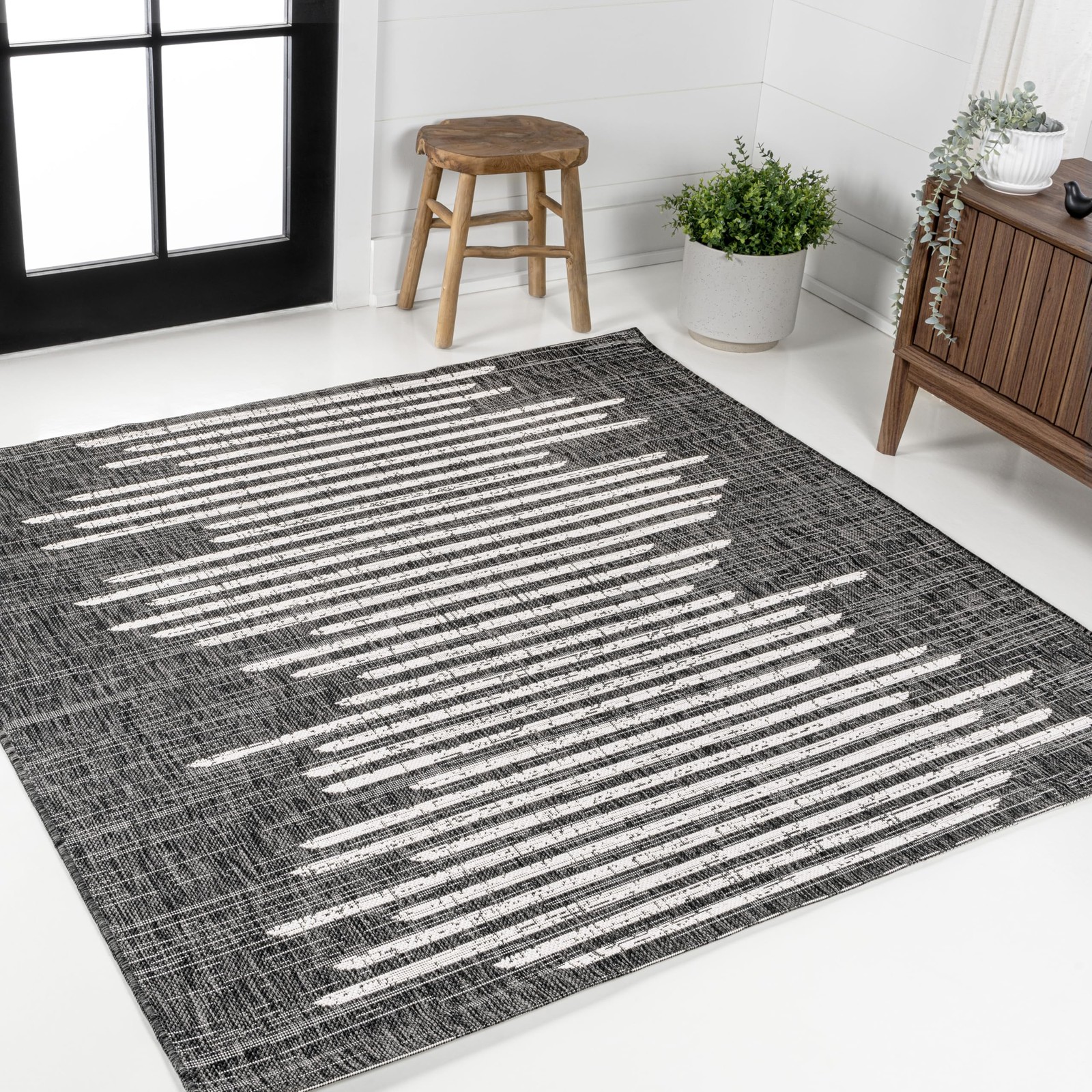 Stripe Geometric Indoor Outdoor Square Area Rug 4X4 Black/Ivory, Zolak Berber... gallery