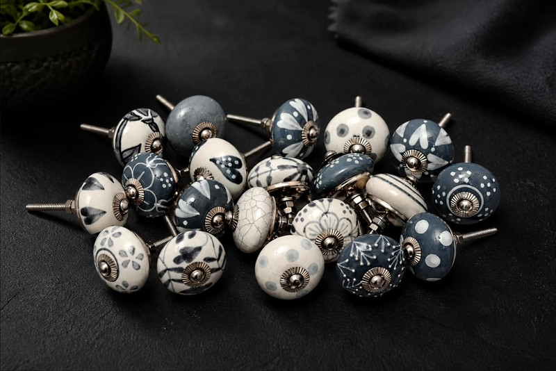 20 Knobs Grey & White Cream Hand Painted Ceramic Knobs Cabinet Drawer Pull Pulls gallery