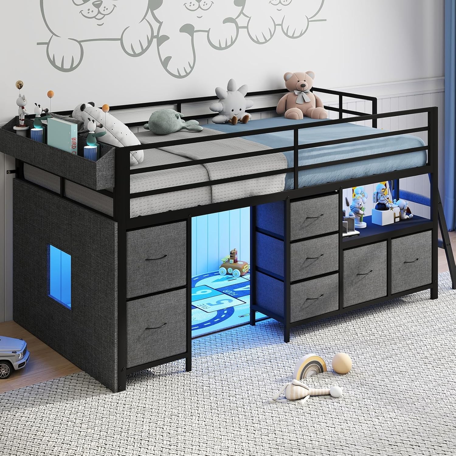 Twin Low Loft Bed with 7 Storage Drawers, Bookcase and LED Lights, Metal Kids gallery