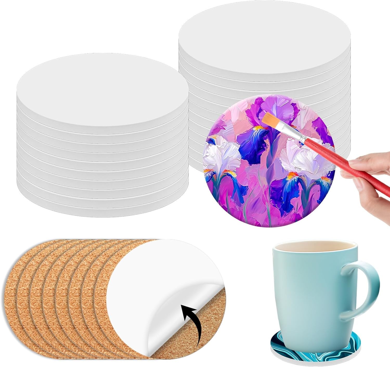 24 Pcs Round Ceramic Tiles for Crafts 4x4 inches，Equipped with self Adhesive C gallery